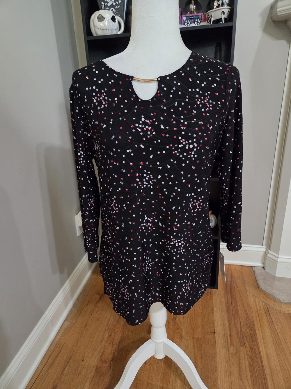croft & barrow Black Dot-Print Keyhole Tunic with Pink and White Dots